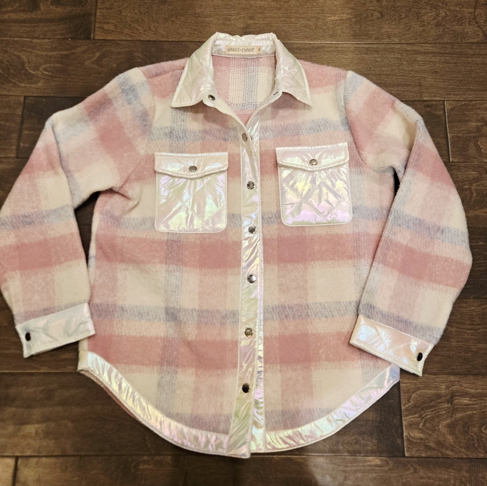 Grace & Emma Size Small Pink Plaid Jacket, Shacket, Lightweight Coat, Snap